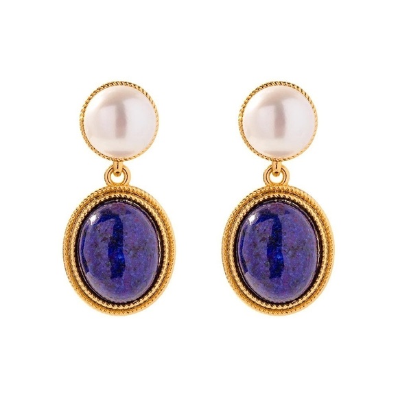 18K Gold Plated White Pearl Natural Oval Lapis Stone Earrings - Picture 6 of 7